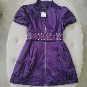 BEBE Trench Dress Purple Belted Short Bubble Dress Zips Up Front Y2K 2000s M Med